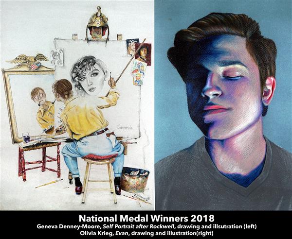 National Medal Winners 2018  Geneva Denney-Moore, Self Portrait after Rockwell, drawing and illsutration (left) Olivia Krieg,